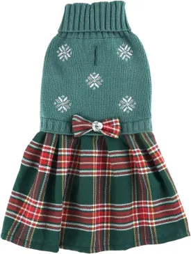 Green Embroidery Snowflake Ugly Vintage Knit Reindeer Holiday Festive Christmas Dog Sweater Dress for Dogs Medium M Size Back Length 14"