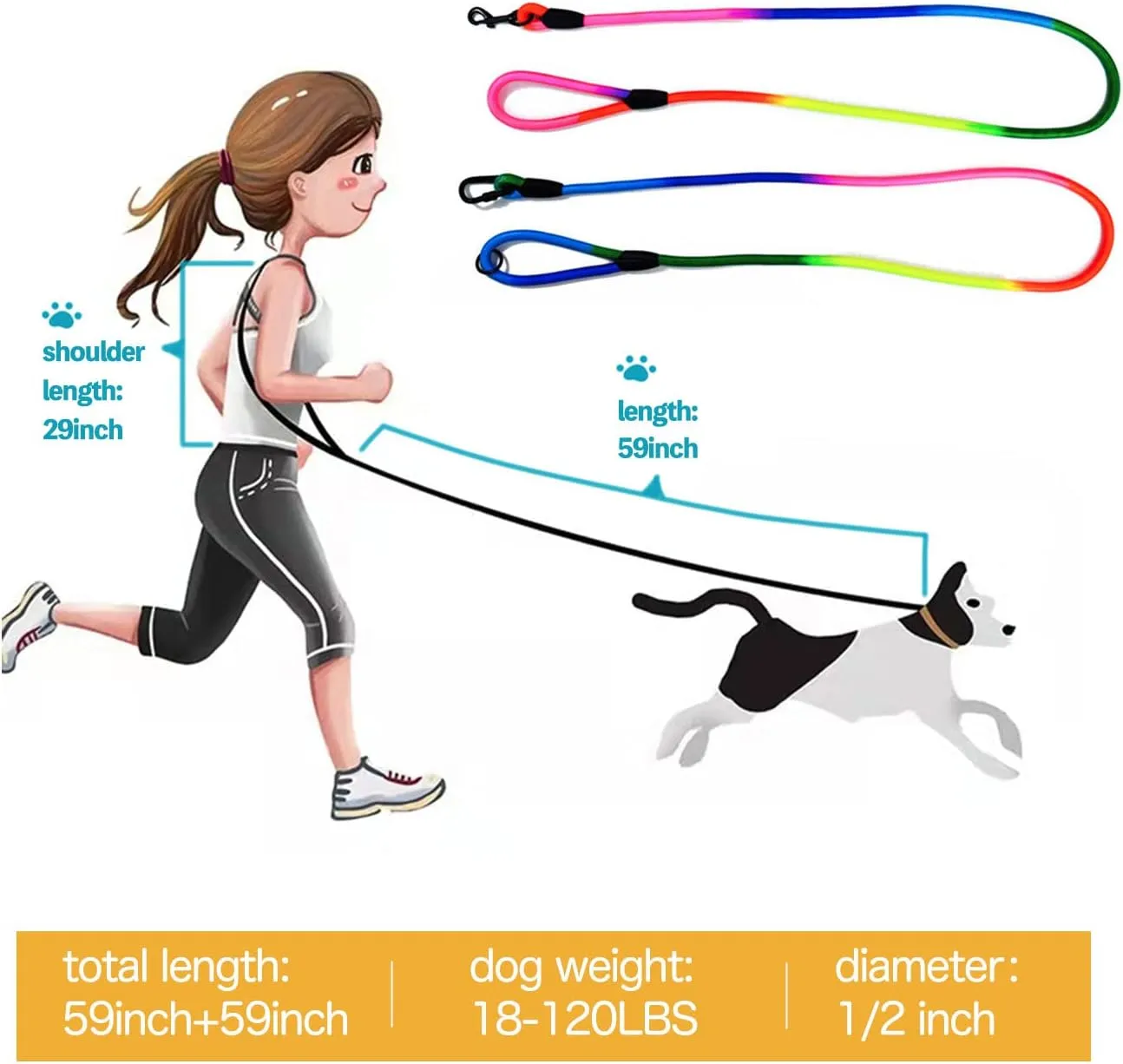 Hands Free Dog Leash Waist & Crossbody Rope with Slip Lead Durable for 2 Dogs Nylon Reflective Heavy Duty Hiking Running Leash for Medium Large Dogs(Rainbow, 9.8Ft)