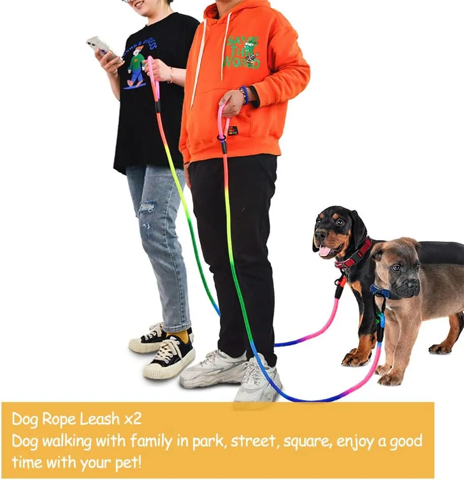Hands Free Dog Leash Waist & Crossbody Rope with Slip Lead Durable for 2 Dogs Nylon Reflective Heavy Duty Hiking Running Leash for Medium Large Dogs(Rainbow, 9.8Ft)