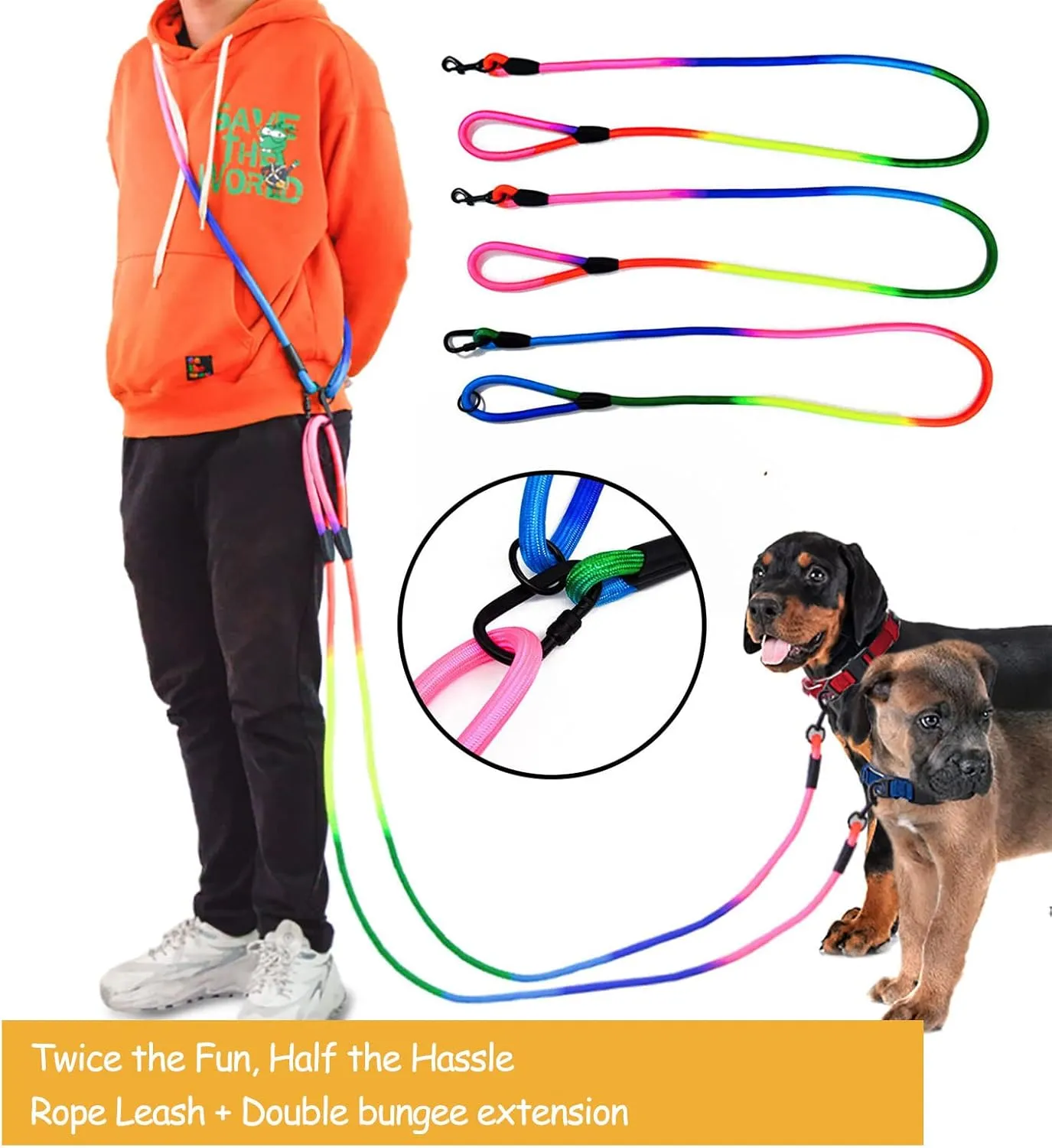 Hands Free Dog Leash Waist & Crossbody Rope with Slip Lead Durable for 2 Dogs Nylon Reflective Heavy Duty Hiking Running Leash for Medium Large Dogs(Rainbow, 9.8Ft)
