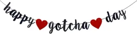 Happy Gotcha Day Banner,Black Glitter Pre-Strung Pet Party Decorations Supplies, Dog Cat Gotcha Party Bunting Garland