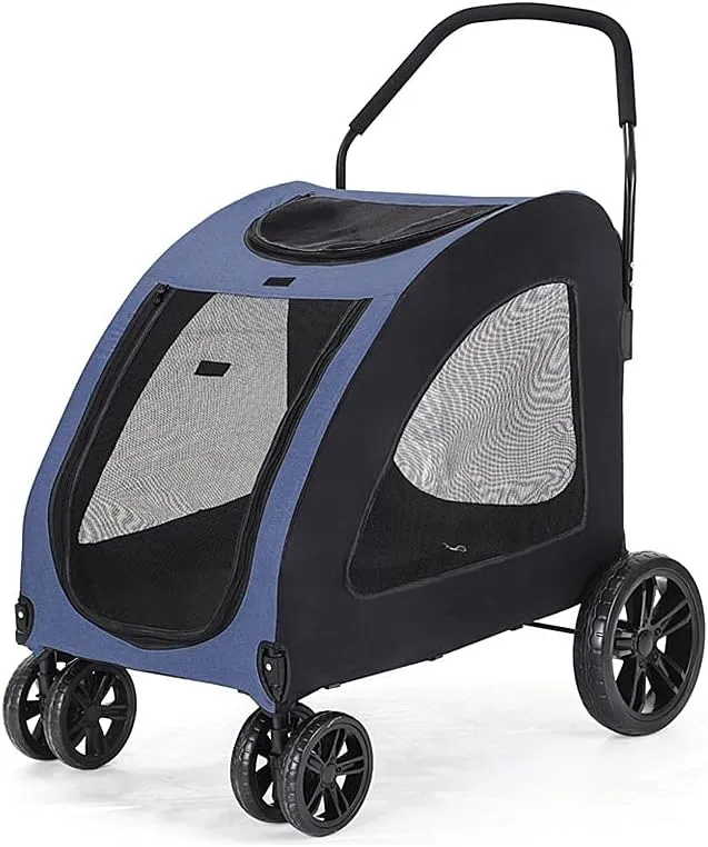 Large Pet Stroller Large Space Collapsible Dogs Trolley Cat and Dog Travel Stroller Suitable for Walking and Jogging 4 Wheels Pram Stroller (Blue)