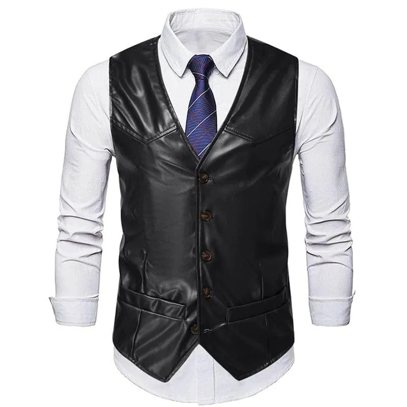 Men's Business Casual Single Breasted V Neck Leather Vest