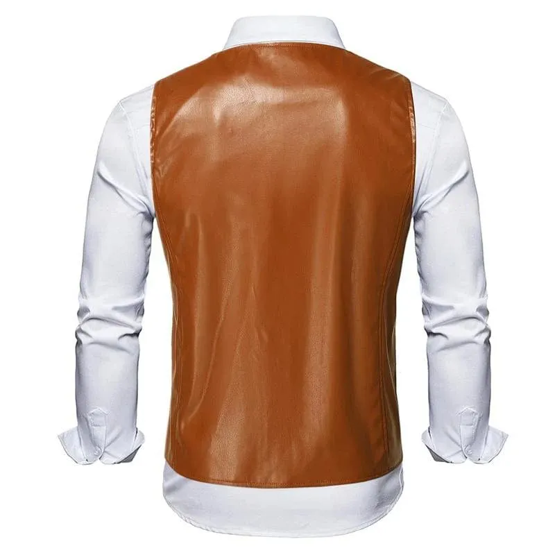 Men's Business Casual Single Breasted V Neck Leather Vest