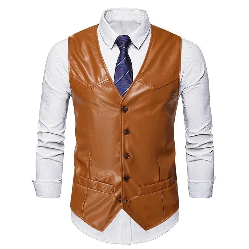Men's Business Casual Single Breasted V Neck Leather Vest