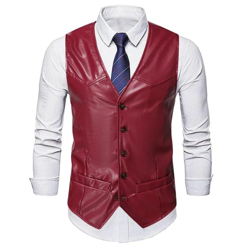 Men's Business Casual Single Breasted V Neck Leather Vest