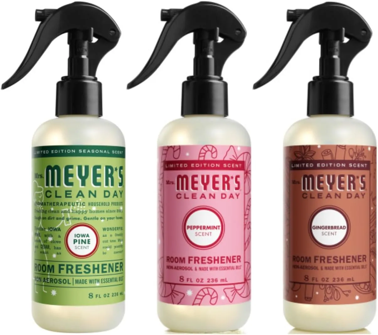 Mrs. Meyers Clean Day Room Freshener 3 Pack Variety Pack, Iowa Pine, Peppermint, Gingerbread, 8 Fl Oz Each, 1 CT