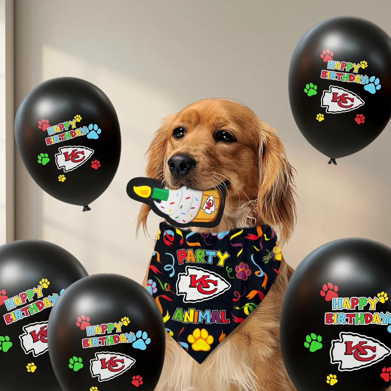 NFL Kansas City Chiefs Dog Birthday Party Set 8 pcs with 1 Football Bandana Large/X-Large, 1 Birthday Cake Toy & 6 B-Day Balloons, Dog Birthday Set, Costume, Fun Doggie Pawty Accessories