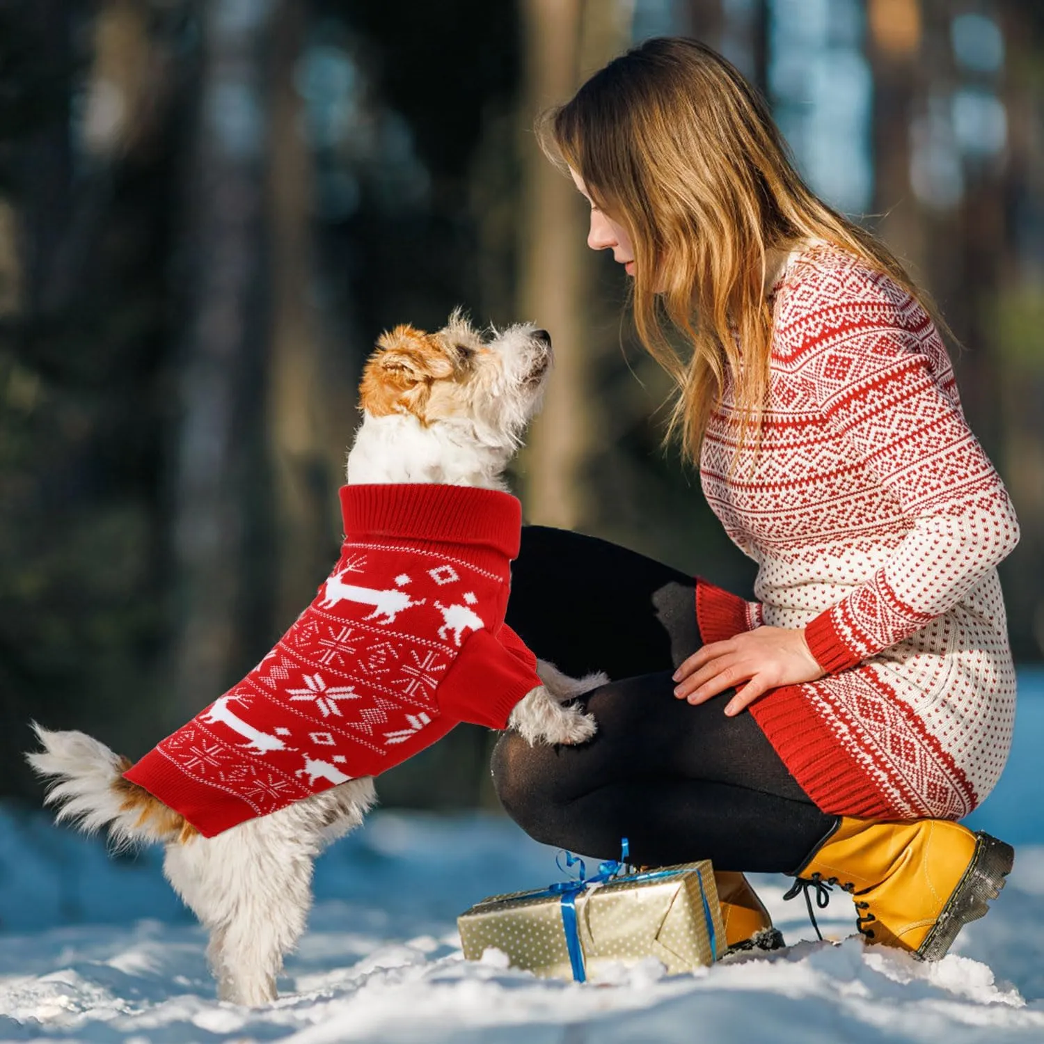 OTOB Christmas Dog Sweaters for Small Medium Dogs, Xmas Turtleneck Warm Pet Clothes Knitwear with Leash Hole, Pullover Classic Snowflake Reindeer Puppy Sweater Outfit for Holiday New Year, Red M