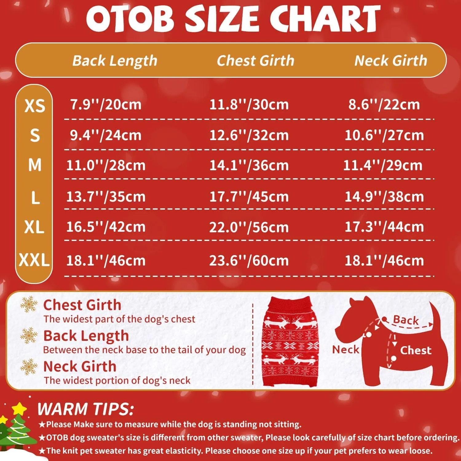 OTOB Christmas Dog Sweaters for Small Medium Dogs, Xmas Turtleneck Warm Pet Clothes Knitwear with Leash Hole, Pullover Classic Snowflake Reindeer Puppy Sweater Outfit for Holiday New Year, Red M
