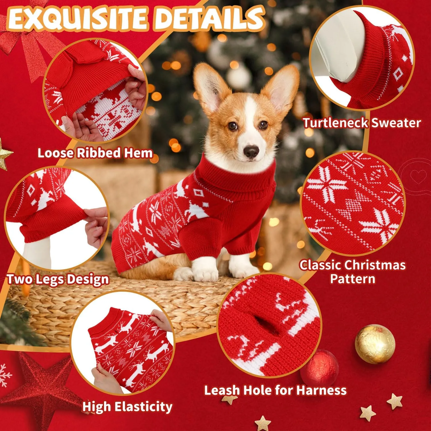 OTOB Christmas Dog Sweaters for Small Medium Dogs, Xmas Turtleneck Warm Pet Clothes Knitwear with Leash Hole, Pullover Classic Snowflake Reindeer Puppy Sweater Outfit for Holiday New Year, Red M