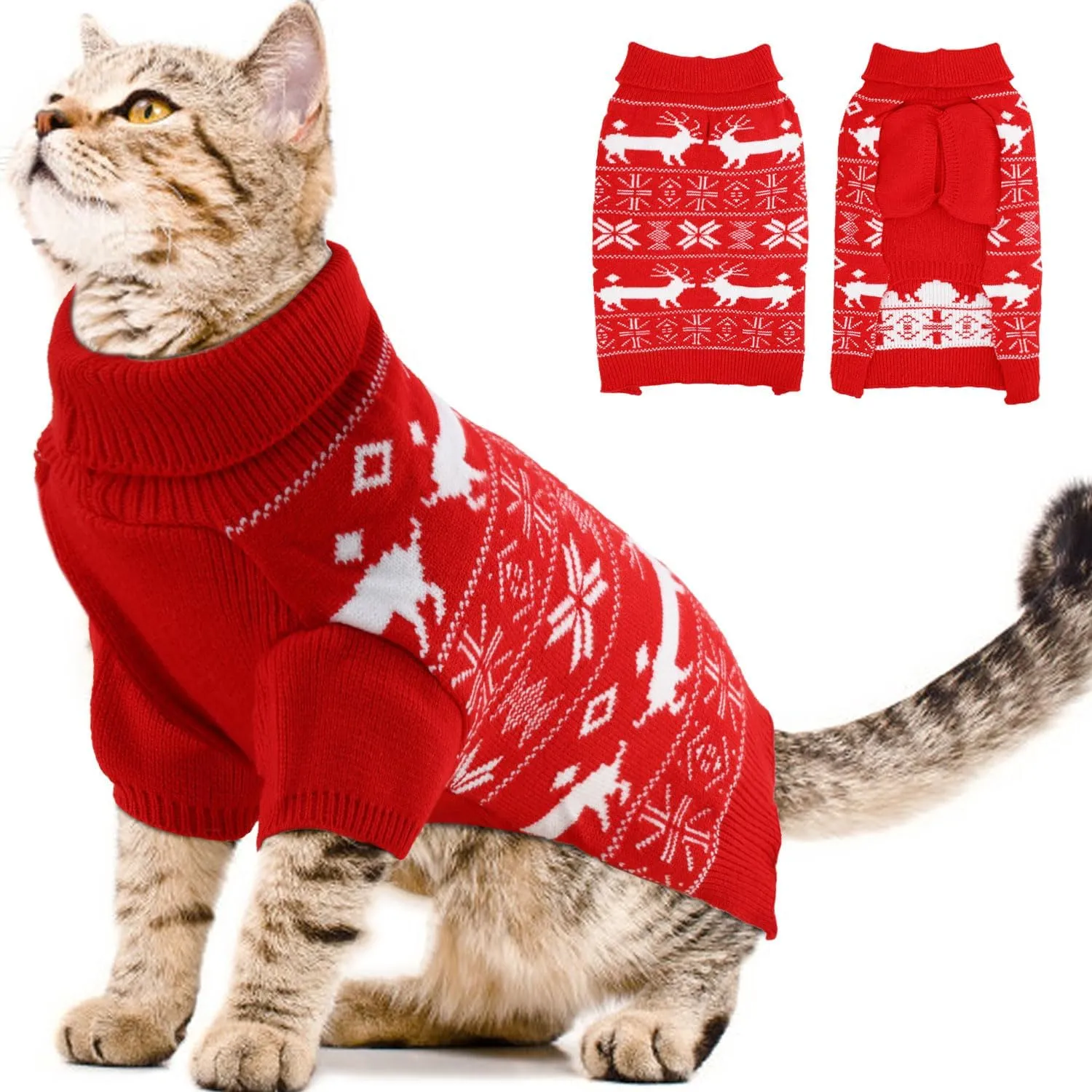 OTOB Christmas Dog Sweaters for Small Medium Dogs, Xmas Turtleneck Warm Pet Clothes Knitwear with Leash Hole, Pullover Classic Snowflake Reindeer Puppy Sweater Outfit for Holiday New Year, Red M