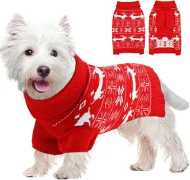 OTOB Christmas Dog Sweaters for Small Medium Dogs, Xmas Turtleneck Warm Pet Clothes Knitwear with Leash Hole, Pullover Classic Snowflake Reindeer Puppy Sweater Outfit for Holiday New Year, Red M