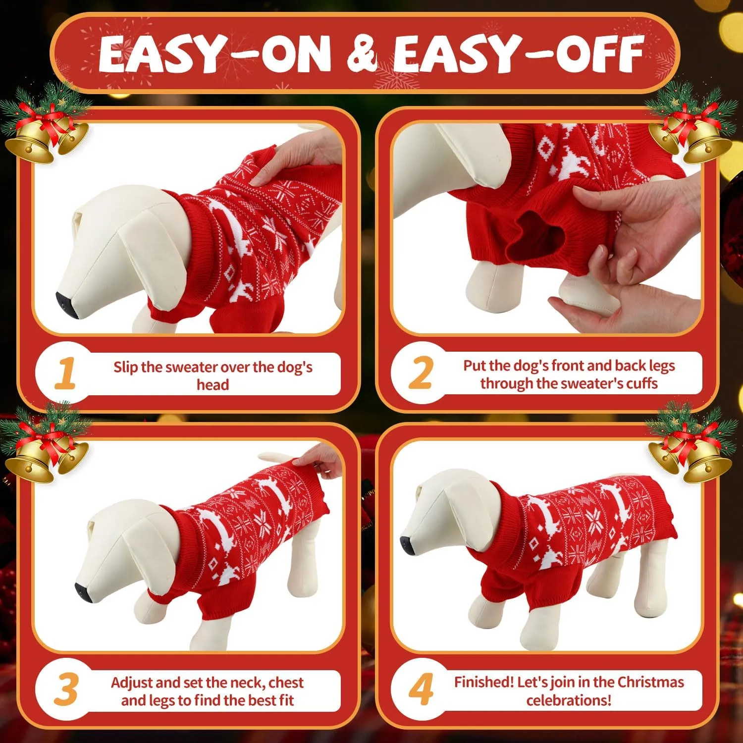 OTOB Small Dog Sweater Holiday Ugly Cat Christmas Sweater, Warm Turtleneck Puppy Sweaters for Small Dogs Male Female, Cute Xmas Snowflake Reindeer Kitten Sweater Clothes Outfit Girls Boys, Red S