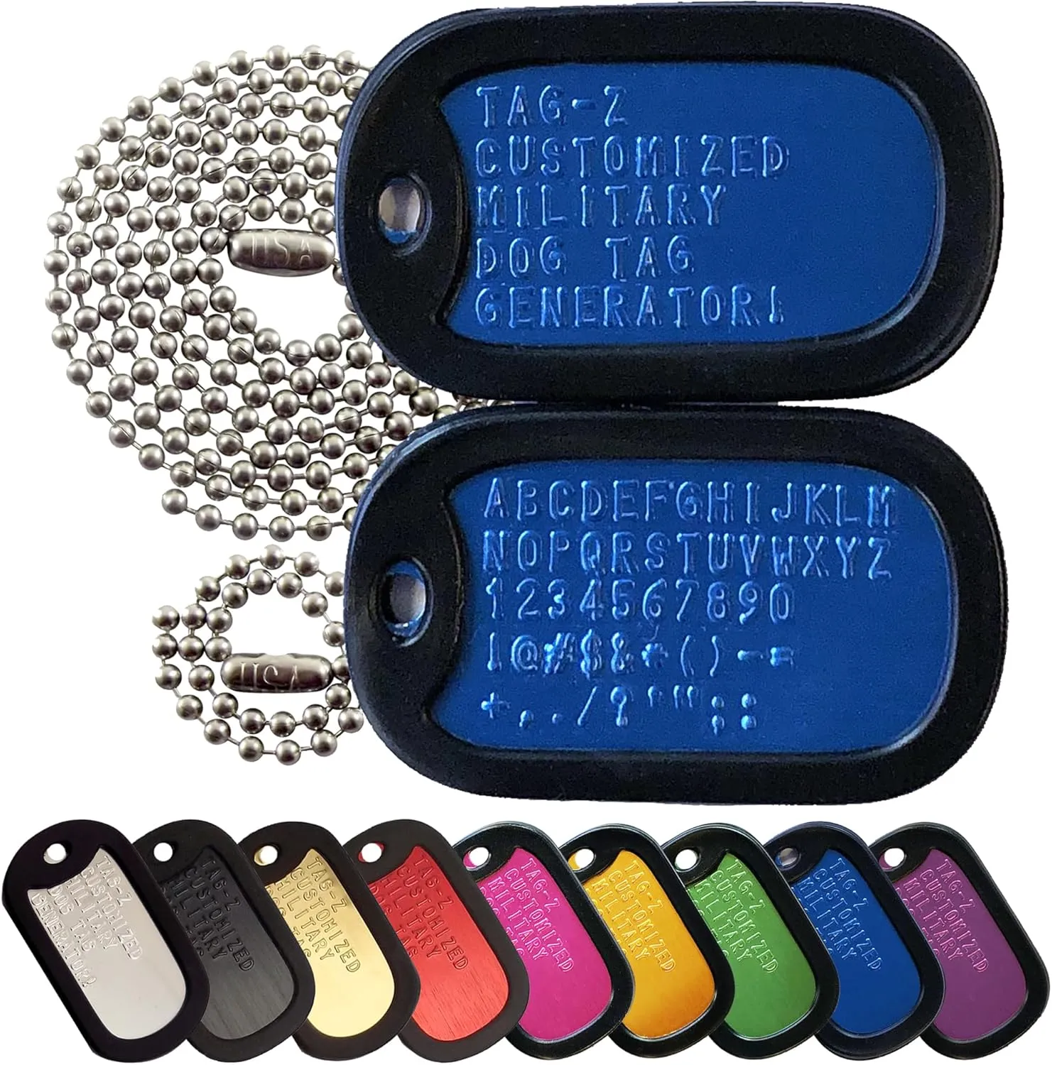 Personalized Military Dog Tags with Silencers and Stainless Steel Chains, Blue Aluminum