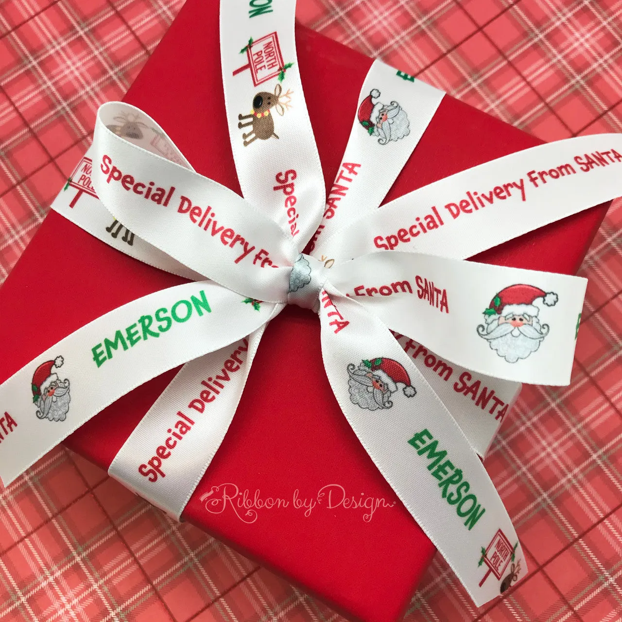 Personalized Ribbon from Santa with child's name Reindeer and Santa printed on 7/8" white single face satin, 25 yards