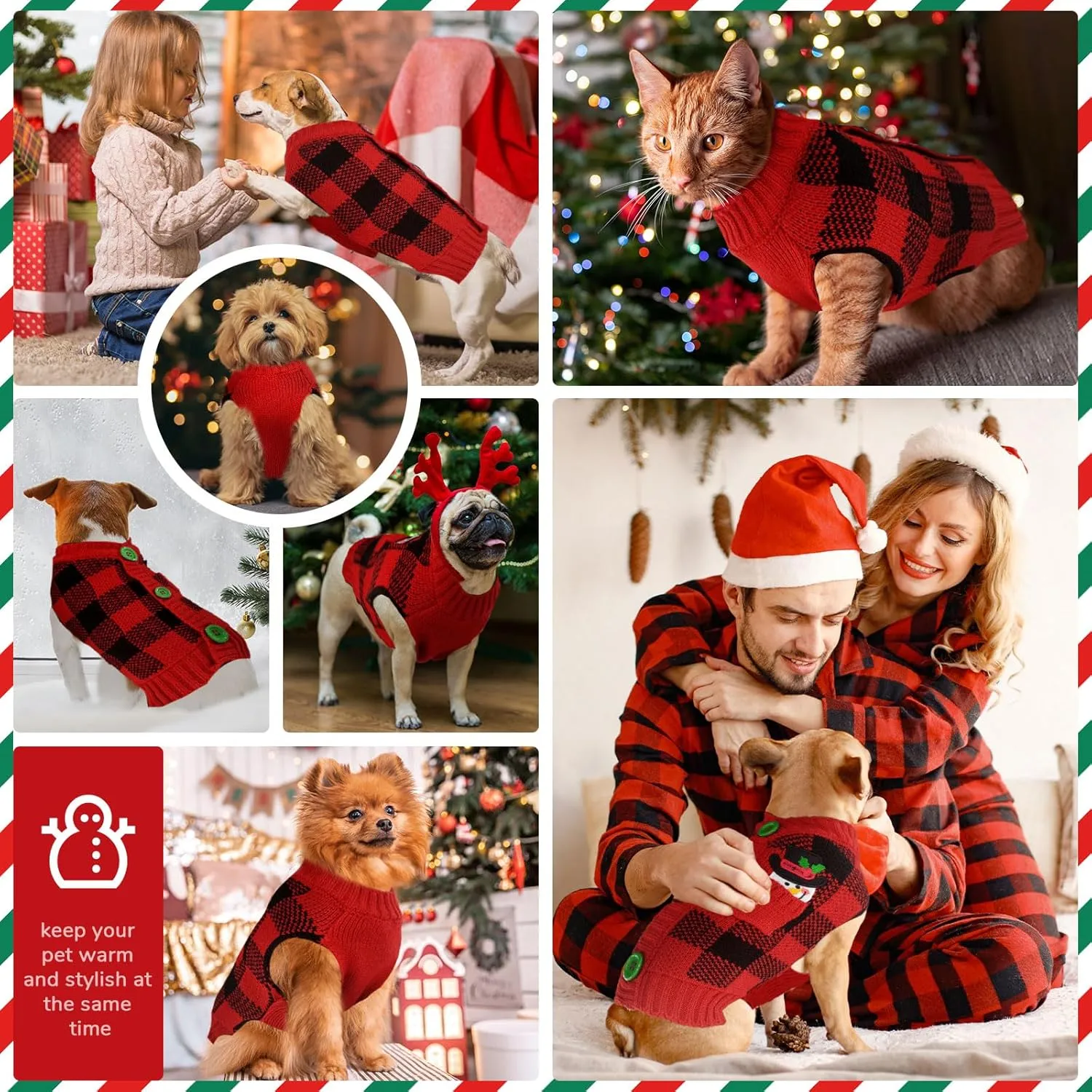 PETCARE Dog Christmas Sweater V-Neck Warm Knitted Puppy Sweaters Vest Cute Red Plaid Snowman Xmas Dog Clothes Outfit for Small Medium Dogs Cat Pet Pullover (Decorative Buttons. Can't Untie) Small