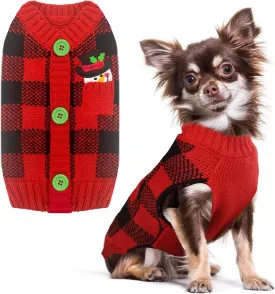 PETCARE Dog Christmas Sweater V-Neck Warm Knitted Puppy Sweaters Vest Cute Red Plaid Snowman Xmas Dog Clothes Outfit for Small Medium Dogs Cat Pet Pullover (Decorative Buttons. Can't Untie) Small