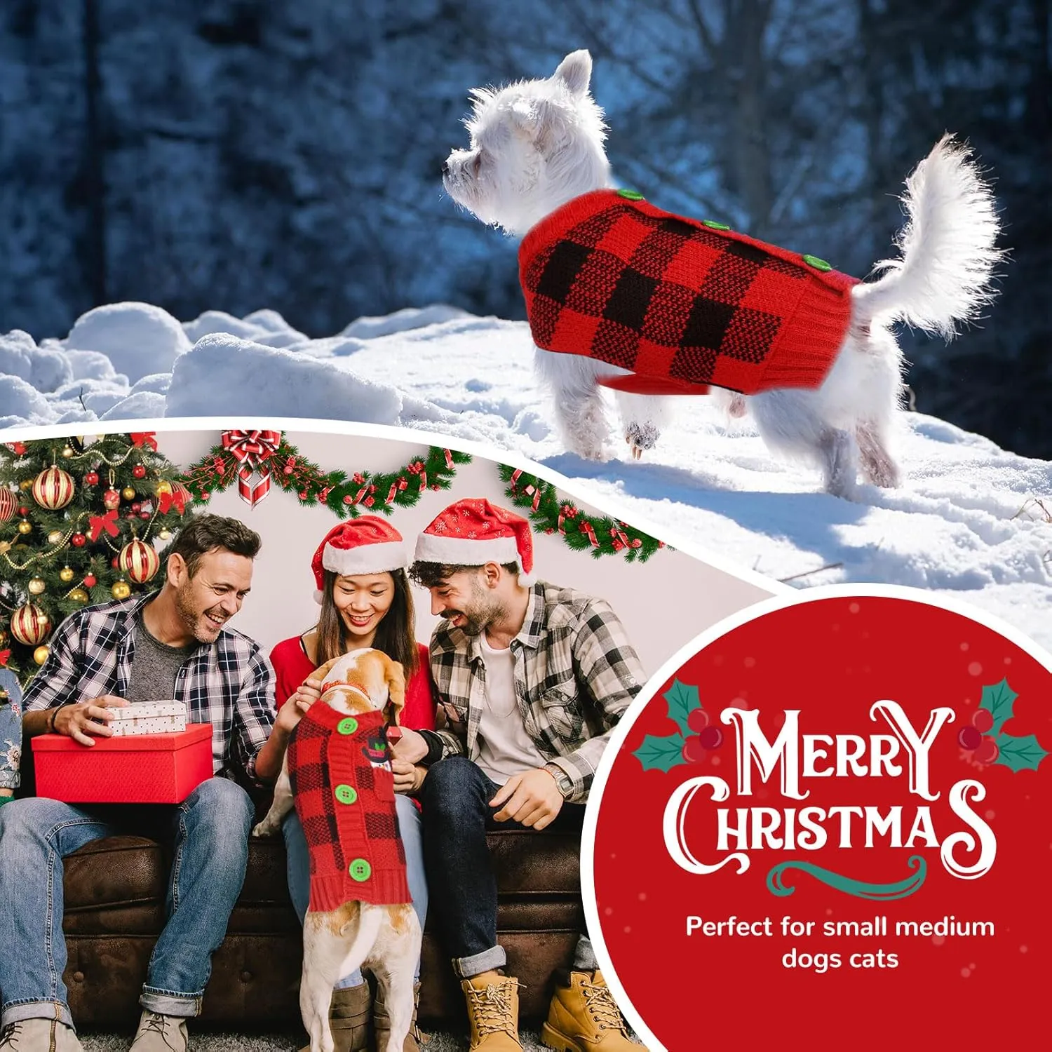 PETCARE Dog Christmas Sweater V-Neck Warm Knitted Puppy Sweaters Vest Cute Red Plaid Snowman Xmas Dog Clothes Outfit for Small Medium Dogs Cat Pet Pullover (Decorative Buttons. Can't Untie) Small