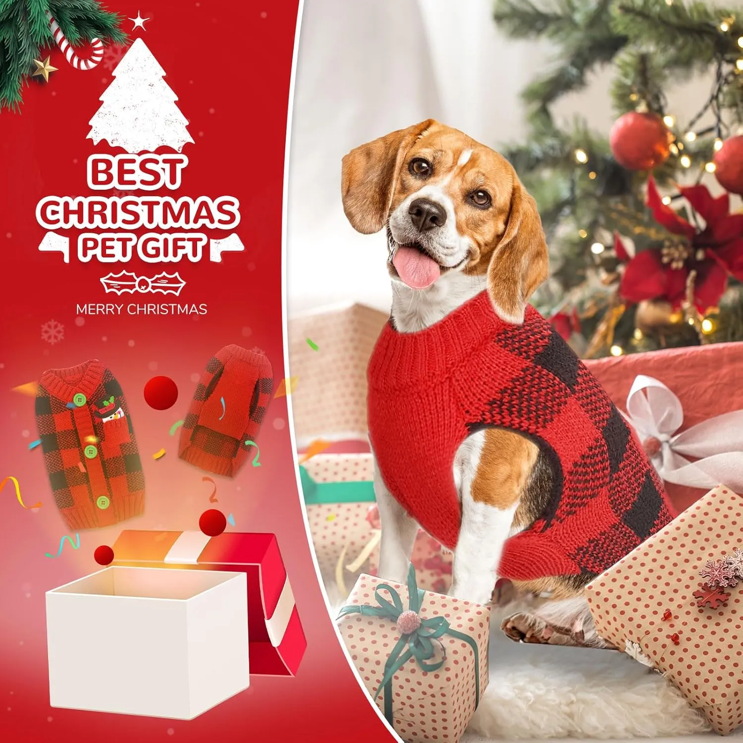PETCARE Dog Christmas Sweater V-Neck Warm Knitted Puppy Sweaters Vest Cute Red Plaid Snowman Xmas Dog Clothes Outfit for Small Medium Dogs Cat Pet Pullover (Decorative Buttons. Can't Untie) Small