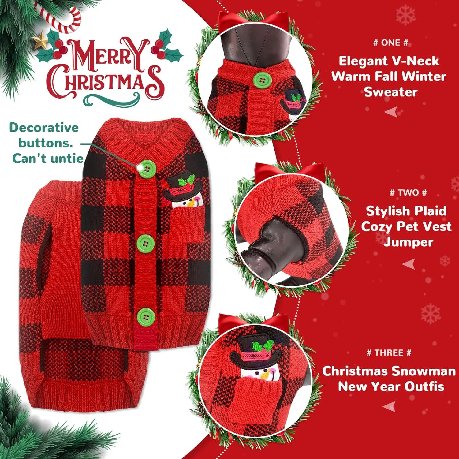 PETCARE Dog Christmas Sweater V-Neck Warm Knitted Puppy Sweaters Vest Cute Red Plaid Snowman Xmas Dog Clothes Outfit for Small Medium Dogs Cat Pet Pullover (Decorative Buttons. Can't Untie) Small