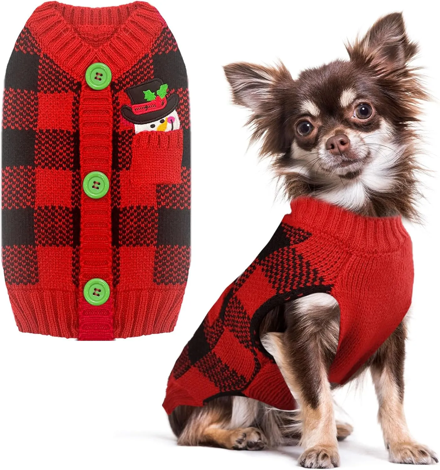PETCARE Dog Christmas Sweater V-Neck Warm Knitted Puppy Sweaters Vest Cute Red Plaid Snowman Xmas Dog Clothes Outfit for Small Medium Dogs Cat Pet Pullover (Decorative Buttons. Can't Untie) Small