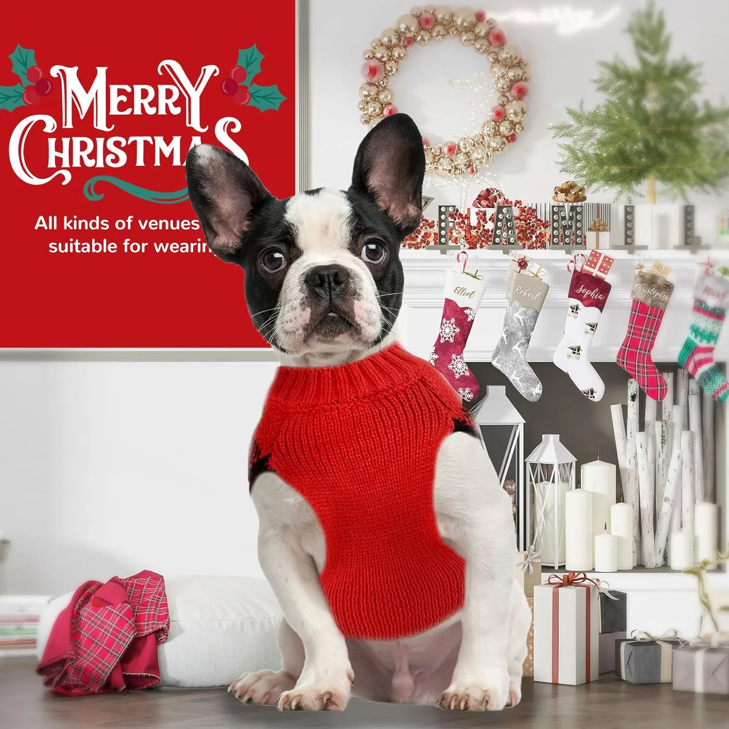 PETCARE Dog Christmas Sweater V-Neck Warm Knitted Puppy Sweaters Vest Cute Red Plaid Snowman Xmas Dog Clothes Outfit for Small Medium Dogs Cat Pet Pullover (Decorative Buttons. Can't Untie) Small
