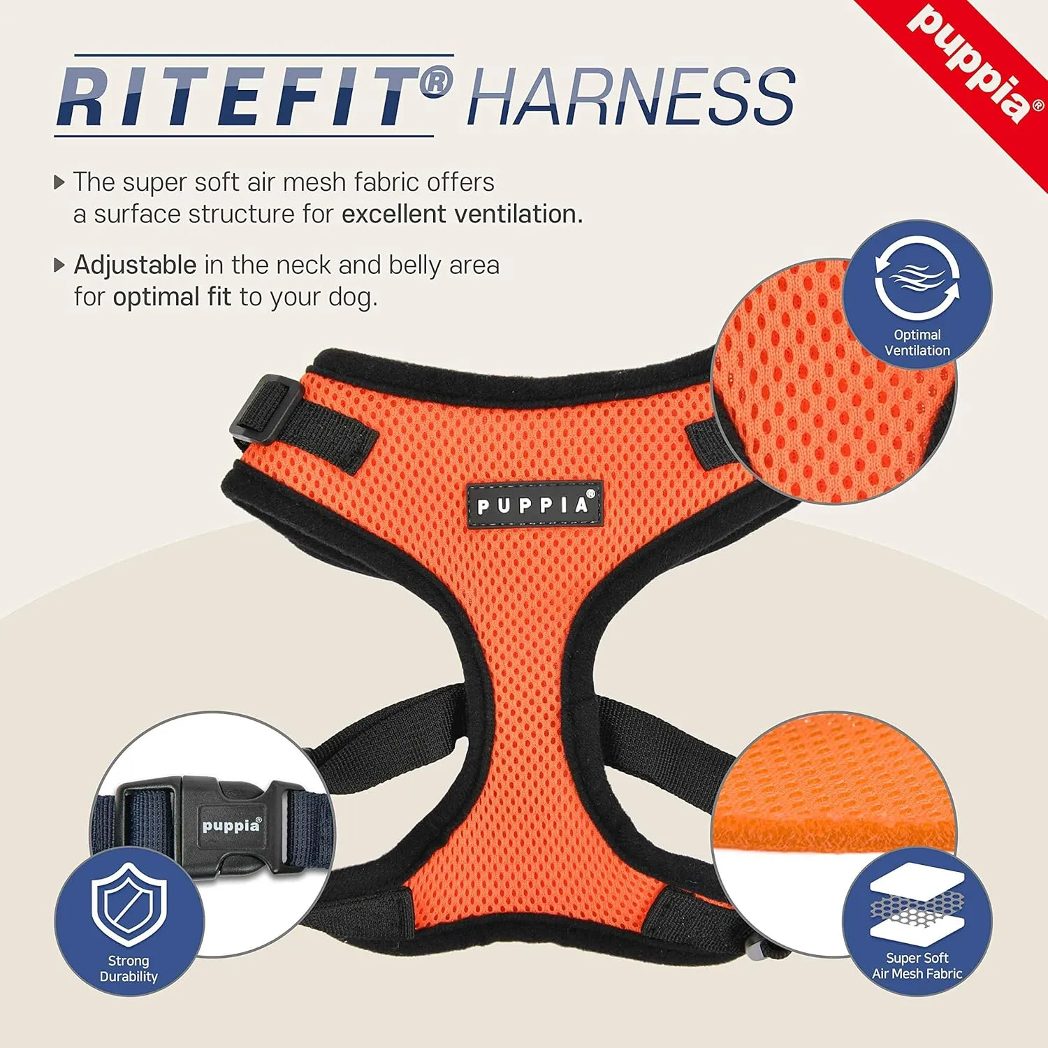 Puppia Authentic RiteFit Harness with Adjustable Neck, Small, Beige