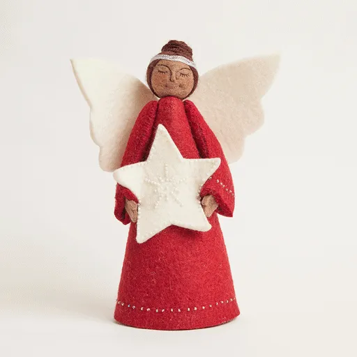 Red Beauty Angel with White Star Tree Topper - Brown
