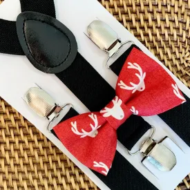 Red Reindeer Bow Tie & Black Suspenders Set