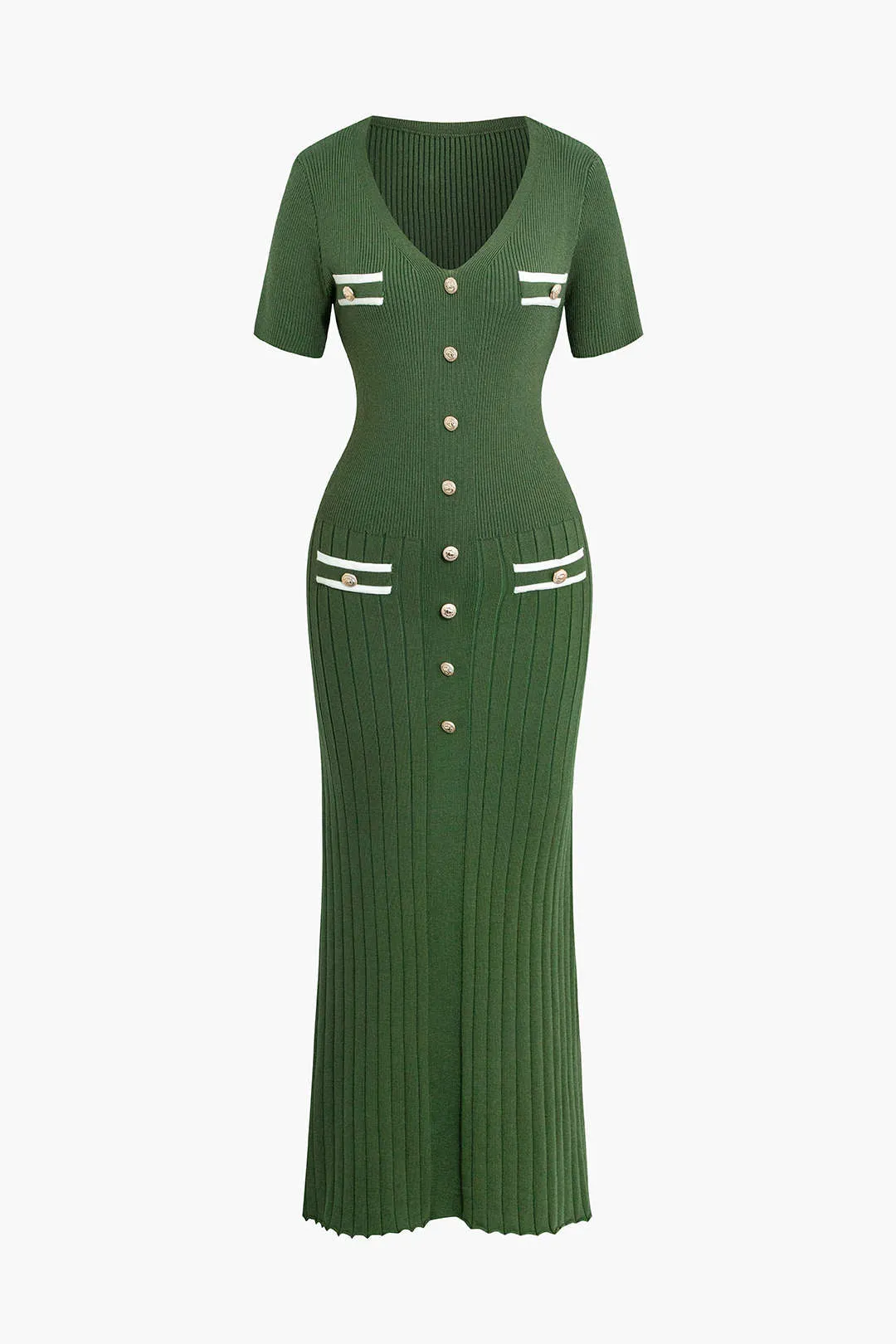 Ribbed Knit V-neck Midi Dress