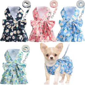 Sanwuta 4 Pack Harness Dog Dress Bowknot Leash Set Floral Princess Dog Harness Dress Vest with Leash Pet Doggy Outfits for Outdoor Walking, 4 Colors(X-Small)
