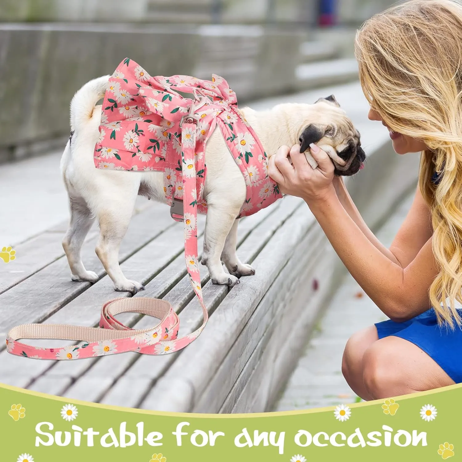 Sanwuta 4 Pack Harness Dog Dress Bowknot Leash Set Floral Princess Dog Harness Dress Vest with Leash Pet Doggy Outfits for Outdoor Walking, 4 Colors(X-Small)