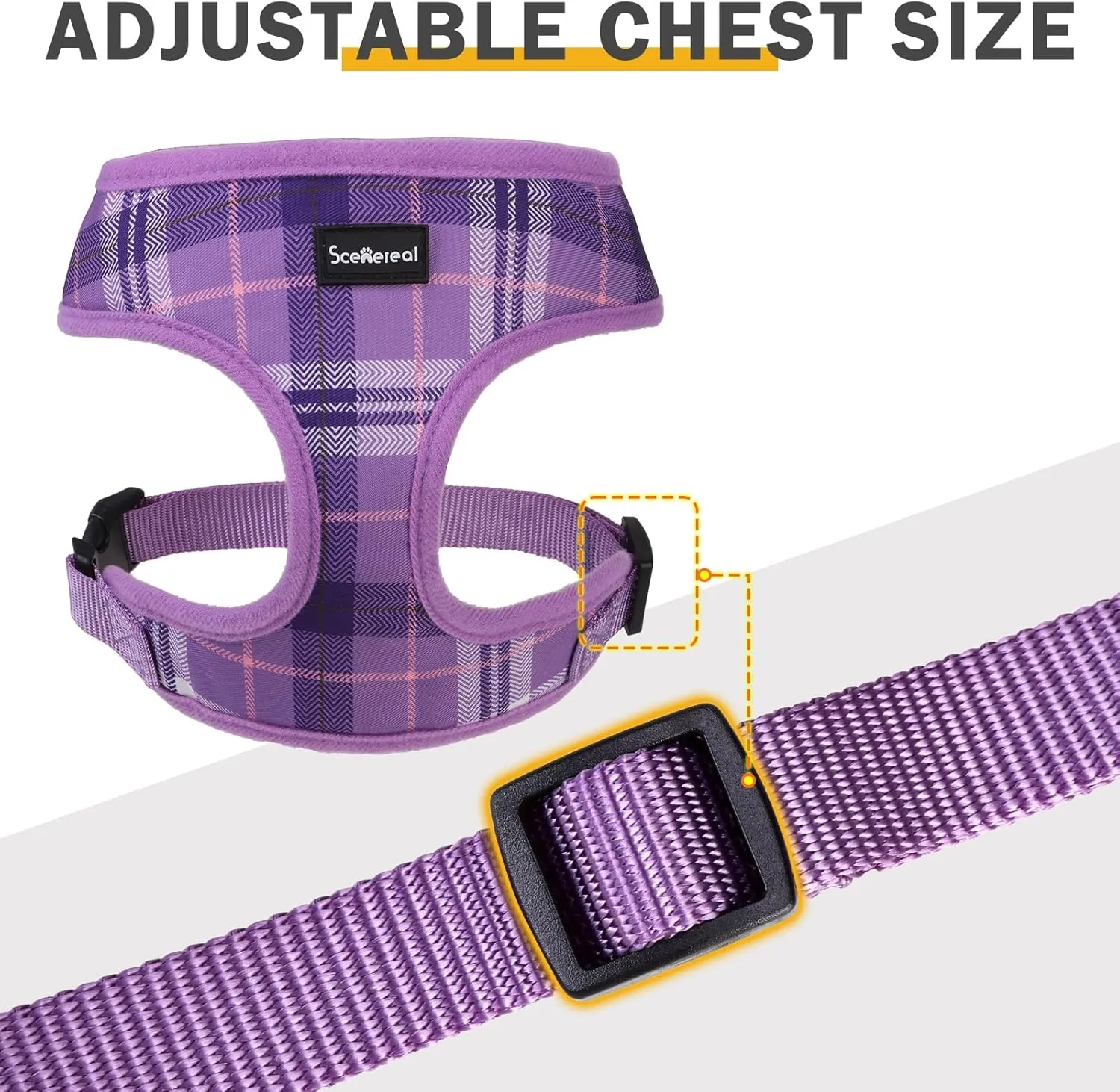 SCENEREAL No Pull Dog Harness Collar and Leash Set Small Medium Sized Dog, Soft Mesh Step in Puppy Harnesses, No Chock Plaid Adjustible Pet Vest for Outdoor Walking Training and Running, Purple M