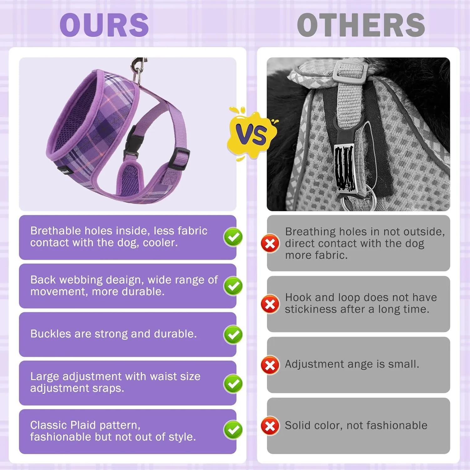 SCENEREAL No Pull Dog Harness Collar and Leash Set Small Medium Sized Dog, Soft Mesh Step in Puppy Harnesses, No Chock Plaid Adjustible Pet Vest for Outdoor Walking Training and Running, Purple M