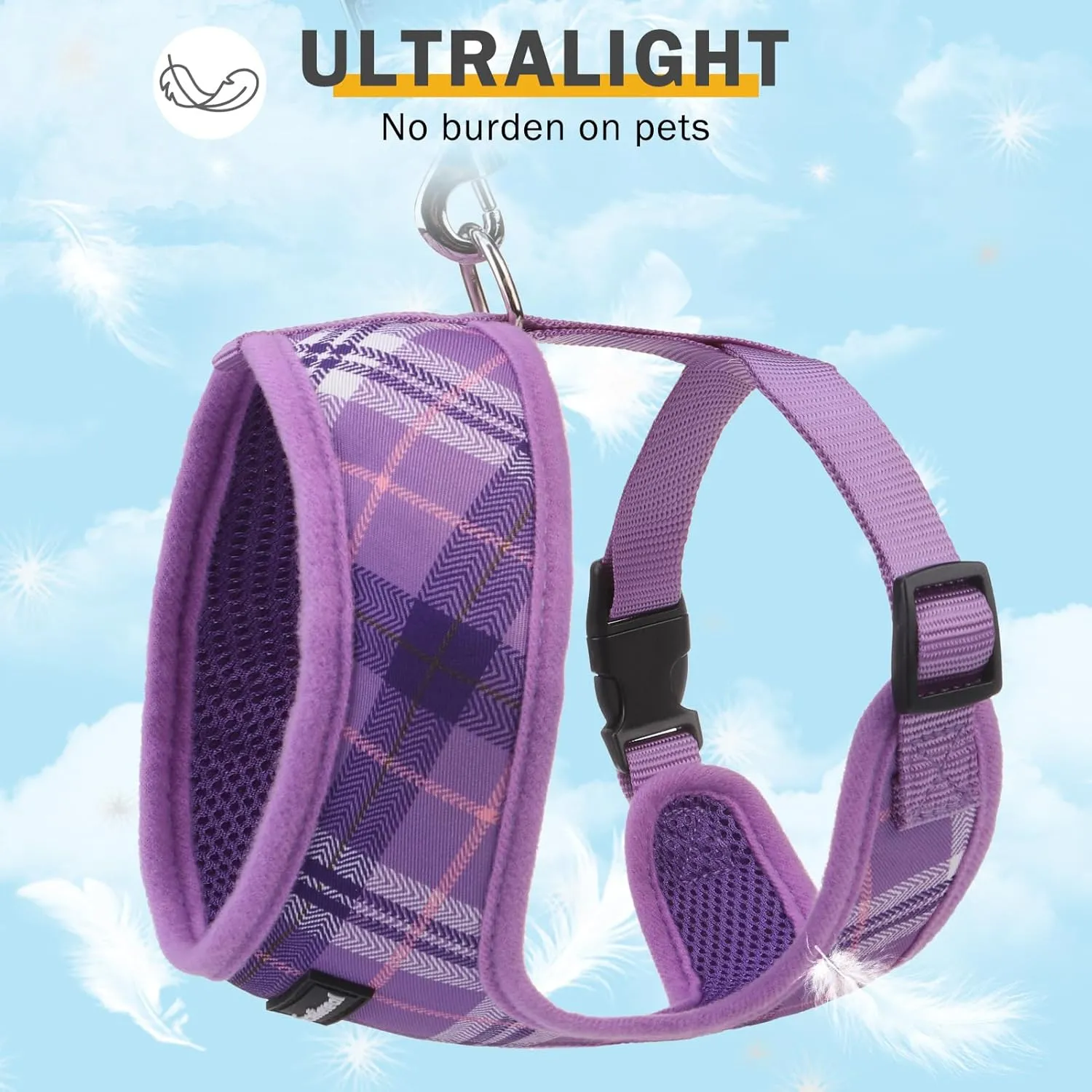 SCENEREAL No Pull Dog Harness Collar and Leash Set Small Medium Sized Dog, Soft Mesh Step in Puppy Harnesses, No Chock Plaid Adjustible Pet Vest for Outdoor Walking Training and Running, Purple M