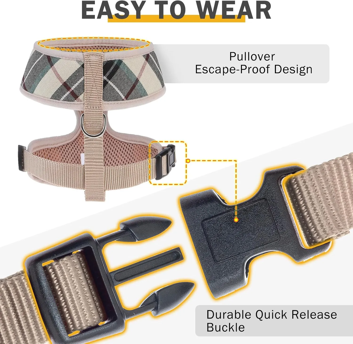 SCENEREAL No Pull Dog Harness Collar and Leash Set Small Medium Sized Dog, Soft Mesh Step in Puppy Harnesses, No Chock Plaid Adjustible Pet Vest for Outdoor Walking Training and Running
