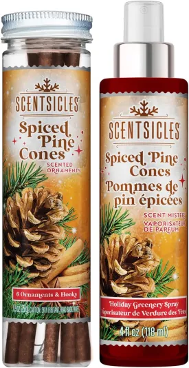 Scentsicles Spiced Pine Cones Scented Christmas Tree Ornaments - 1 Bottle (6 Sticks Total) and 1 Bottle Scent Mister Spray (4 Oz) Multi Pack