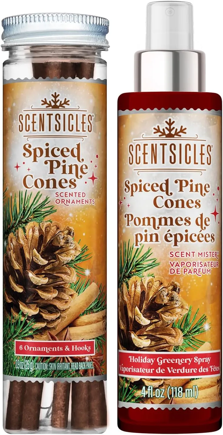 Scentsicles Spiced Pine Cones Scented Christmas Tree Ornaments - 1 Bottle (6 Sticks Total) and 1 Bottle Scent Mister Spray (4 Oz) Multi Pack