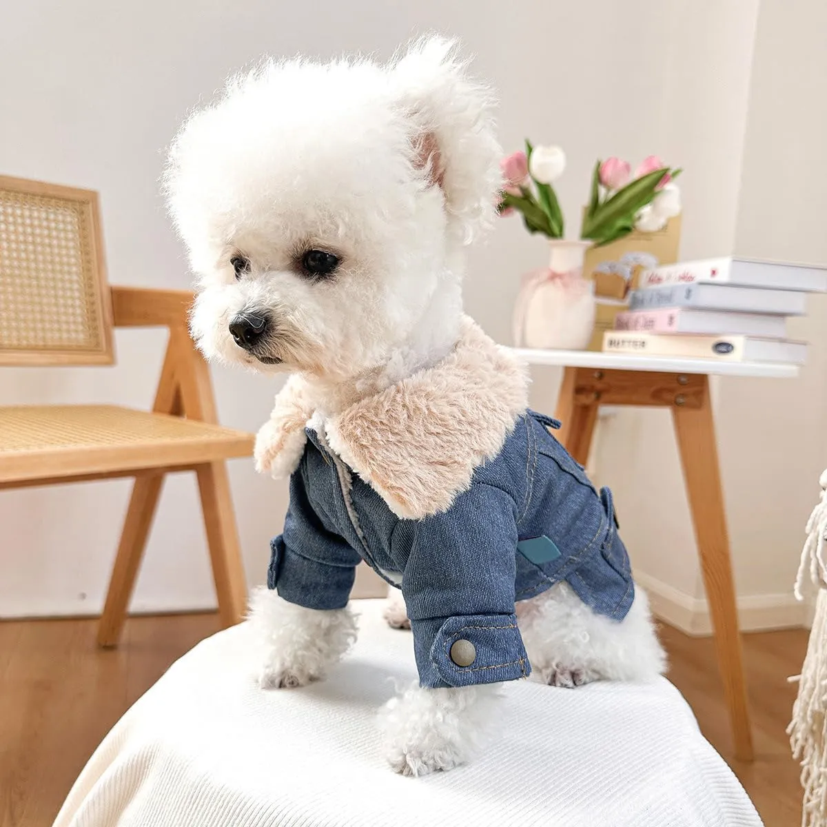 Small Dog Winter Denim Jacket Fleece Lined Puppy Cute Jean Clothes Cold Weather Dog Cozy Warm Coats Chihuahua Yorkie Stylish Clothes Christmas Holiday Birthday Dog Outfits