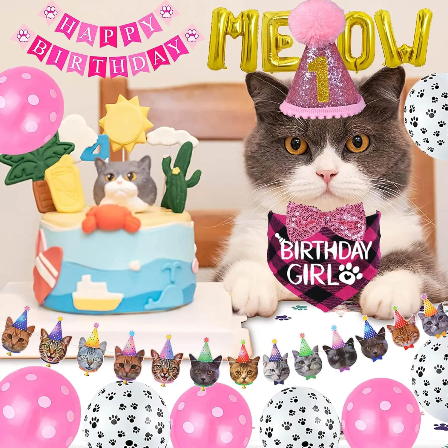 STMK Cat Birthday Party Supplies, Cat Birthday Hat Bandana Bow Tie Collar Birthday Number Cat Birthday Banner Garland MEOW Letter Balloons for Cat Kitten Birthday Outfits Decorations (Pink)