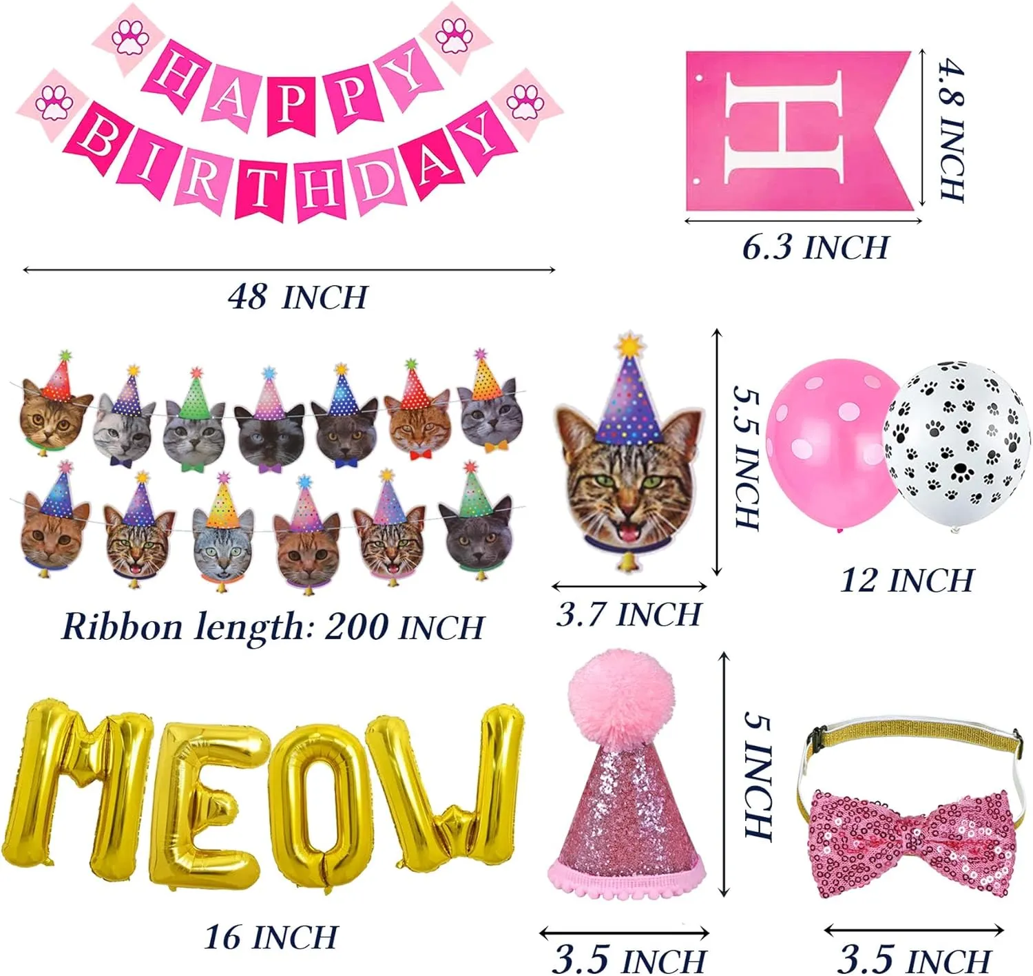 STMK Cat Birthday Party Supplies, Cat Birthday Hat Bandana Bow Tie Collar Birthday Number Cat Birthday Banner Garland MEOW Letter Balloons for Cat Kitten Birthday Outfits Decorations (Pink)