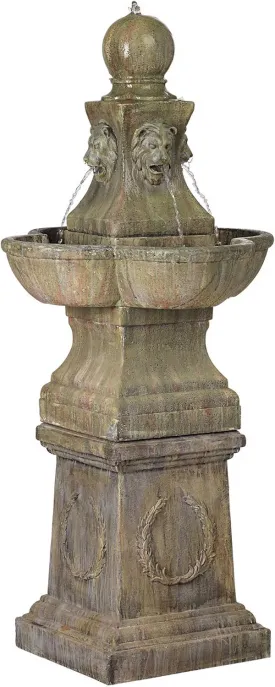 Tuscan Garden Pedestal Rustic Outdoor Floor Tiered Water Fountain 54" High Bubbler Lion Heads for Garden Patio Backyard Deck Home Lawn Porch House Relaxation Exterior Balcony - John Timberland