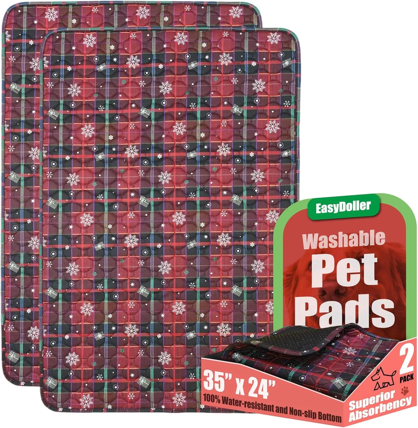Washable Pee Pads for Dog - 2 Pcs 24"x35" Christmas Style Superior Reusable Pet Training Pads - Waterproof Pads Protects Against Urine Leakage Non-Slip Grip Prevents Slipping & Bunching - Red