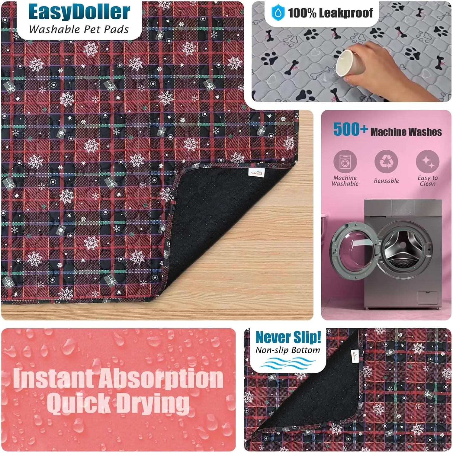 Washable Pee Pads for Dog - 2 Pcs 35"x47" Christmas Style Superior Reusable Pet Training Pads - Waterproof Pads Protects Against Urine Leakage Non-Slip Grip Prevents Slipping & Bunching - Red