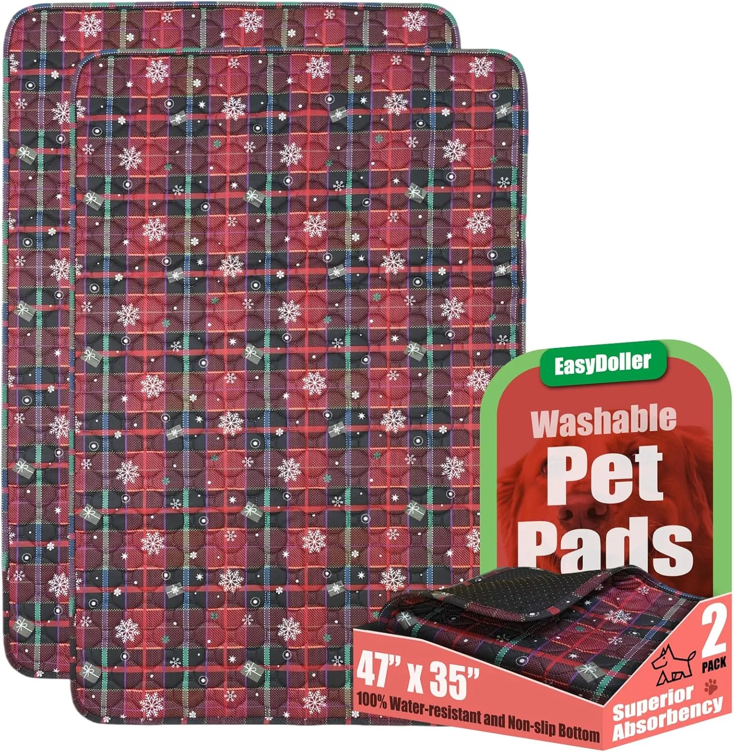 Washable Pee Pads for Dog - 2 Pcs 35"x47" Christmas Style Superior Reusable Pet Training Pads - Waterproof Pads Protects Against Urine Leakage Non-Slip Grip Prevents Slipping & Bunching - Red