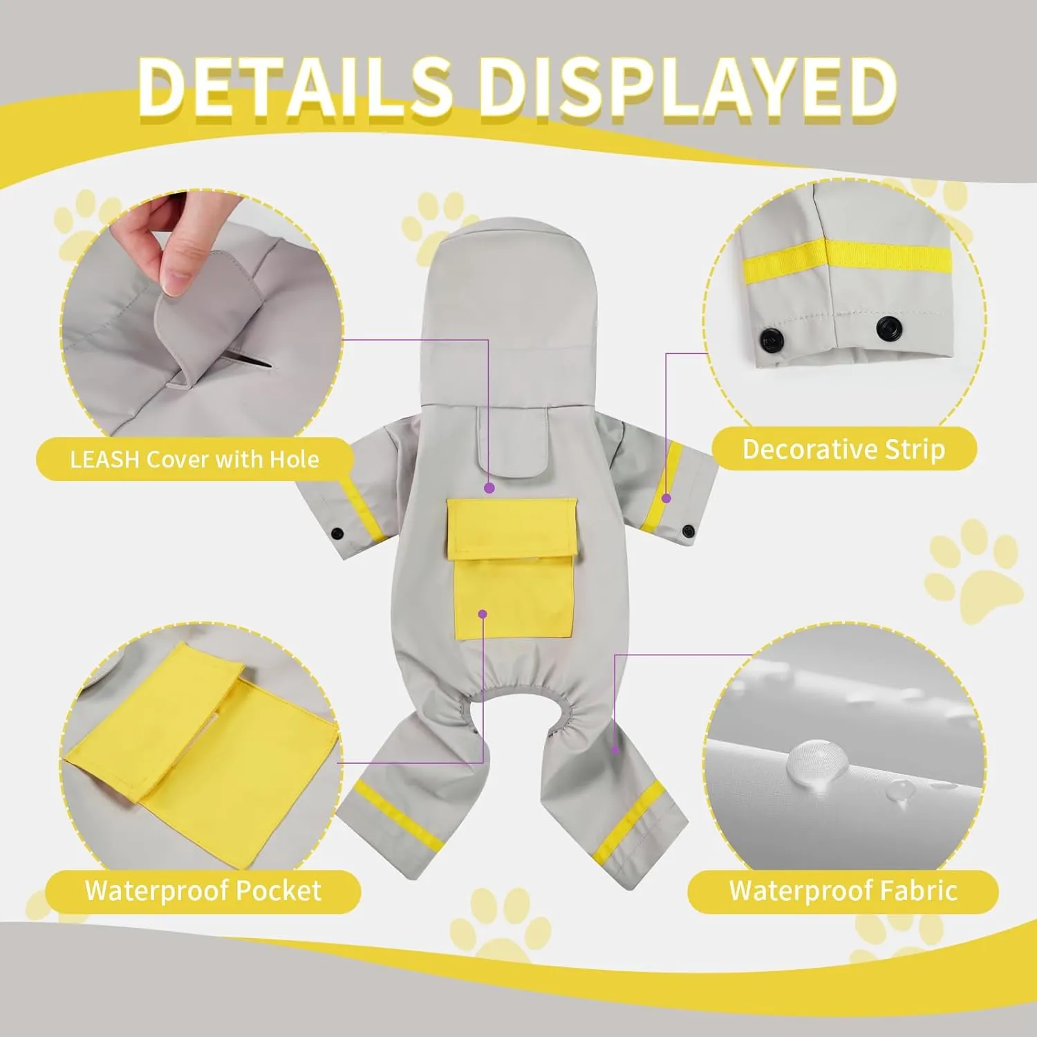Waterproof Dog Raincoat, Adjustable Dog Rain Jacket,Reflective Lightweight Raincoat Clothes with Poncho Hood