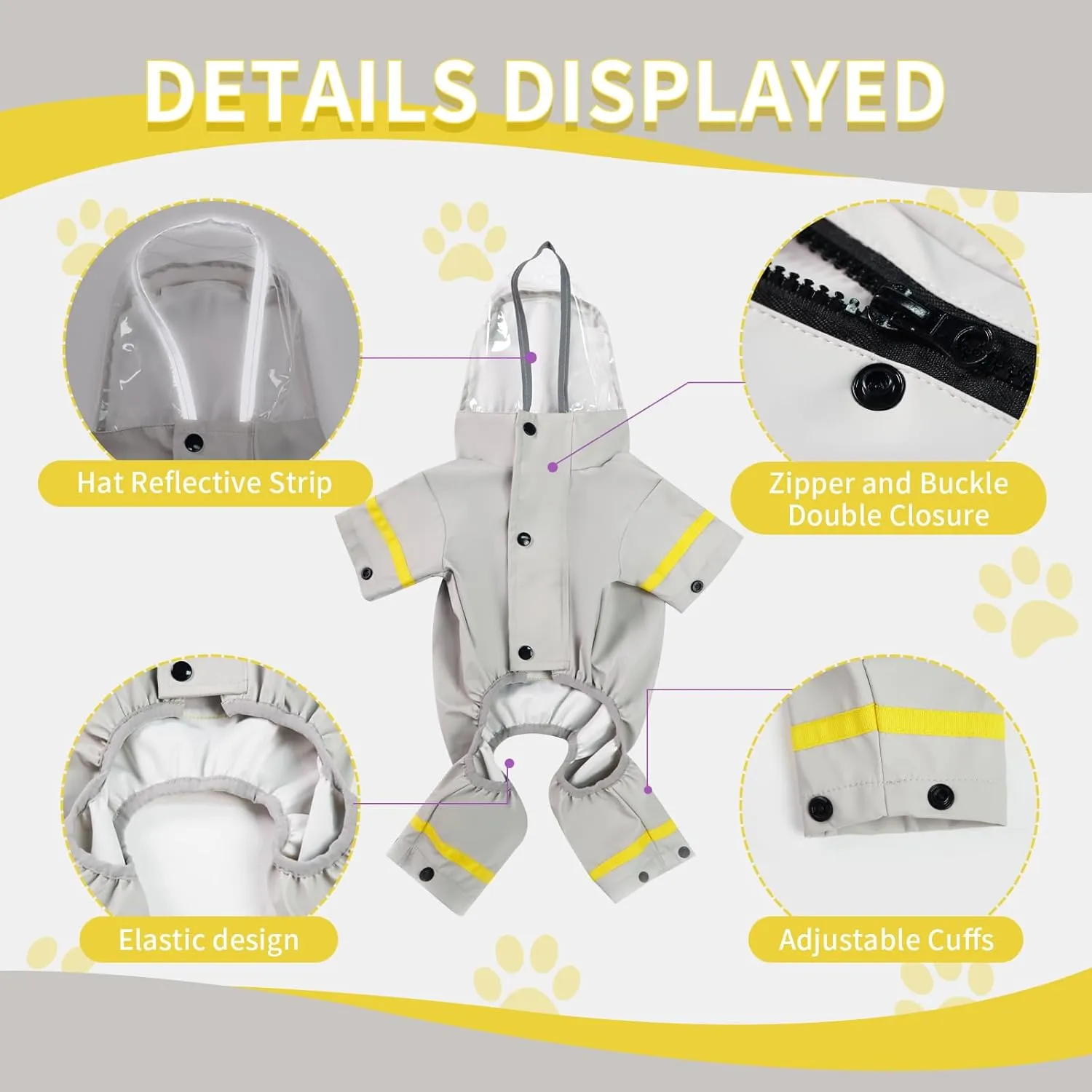 Waterproof Dog Raincoat, Adjustable Dog Rain Jacket,Reflective Lightweight Raincoat Clothes with Poncho Hood