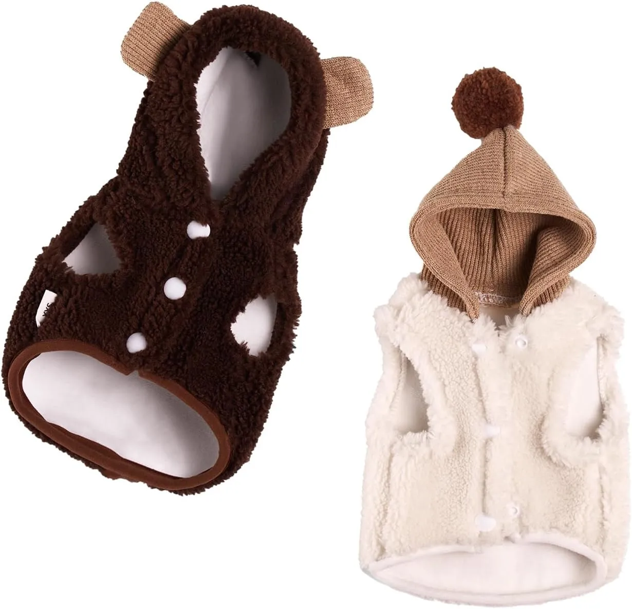 Winter Small Dog Double Fleece Hoodie, Cute Warm Sleeveless Buckle Sweater for Teacup Chihuahua Yorkshire, Coat for Small Medium Dogs and Cats (Beige, Small)