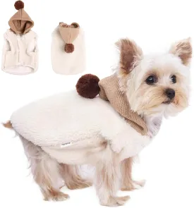 Winter Small Dog Double Fleece Hoodie, Cute Warm Sleeveless Buckle Sweater for Teacup Chihuahua Yorkshire, Coat for Small Medium Dogs and Cats (Beige, Small)